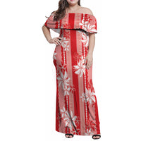 Hawaii Kakau Tribal Family Matching Off Shoulder Maxi Dress and Hawaiian Shirt With Red Tiare LT05 Mom's Dress Red - Polynesian Pride