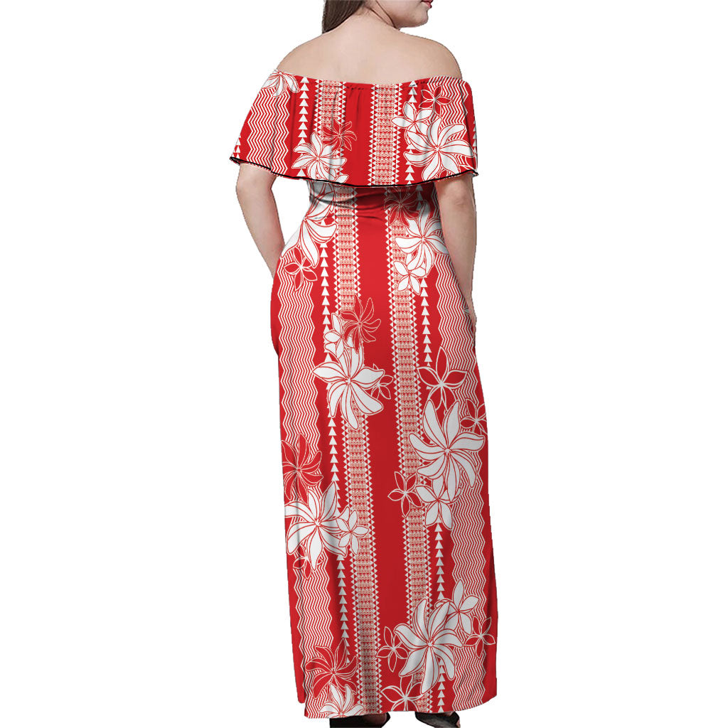 Hawaii Kakau Tribal Family Matching Off Shoulder Maxi Dress and Hawaiian Shirt With Red Tiare LT05 - Polynesian Pride