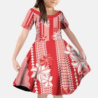 Hawaii Kakau Tribal Family Matching Off Shoulder Short Dress and Hawaiian Shirt With Red Tiare LT05 Daughter's Dress Red - Polynesian Pride