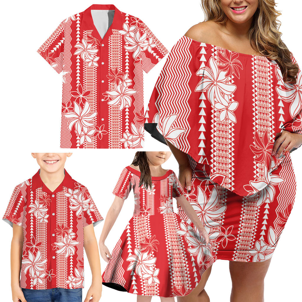 Hawaii Kakau Tribal Family Matching Off Shoulder Short Dress and Hawaiian Shirt With Red Tiare