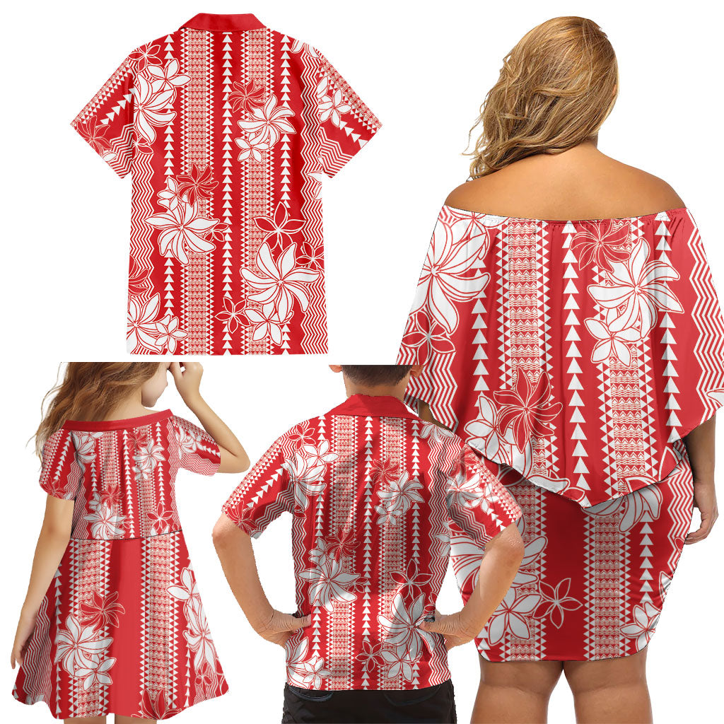 Hawaii Kakau Tribal Family Matching Off Shoulder Short Dress and Hawaiian Shirt With Red Tiare LT05 - Polynesian Pride