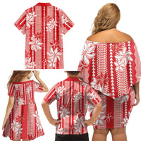 Hawaii Kakau Tribal Family Matching Off Shoulder Short Dress and Hawaiian Shirt With Red Tiare LT05 - Polynesian Pride