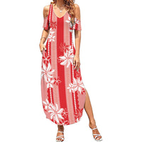 Hawaii Kakau Tribal Family Matching Summer Maxi Dress and Hawaiian Shirt With Red Tiare LT05 Mom's Dress Red - Polynesian Pride
