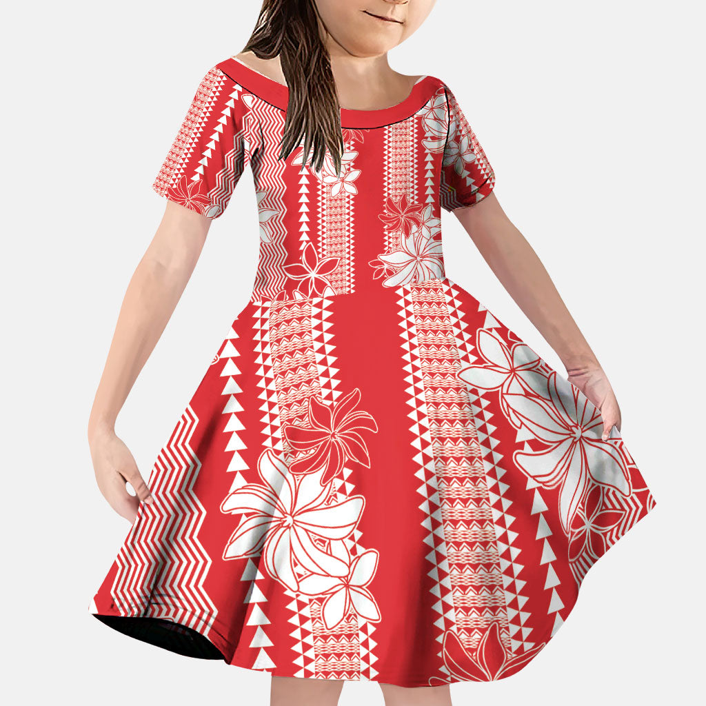 Hawaii Kakau Tribal Family Matching Tank Maxi Dress and Hawaiian Shirt With Red Tiare LT05 Daughter's Dress Red - Polynesian Pride