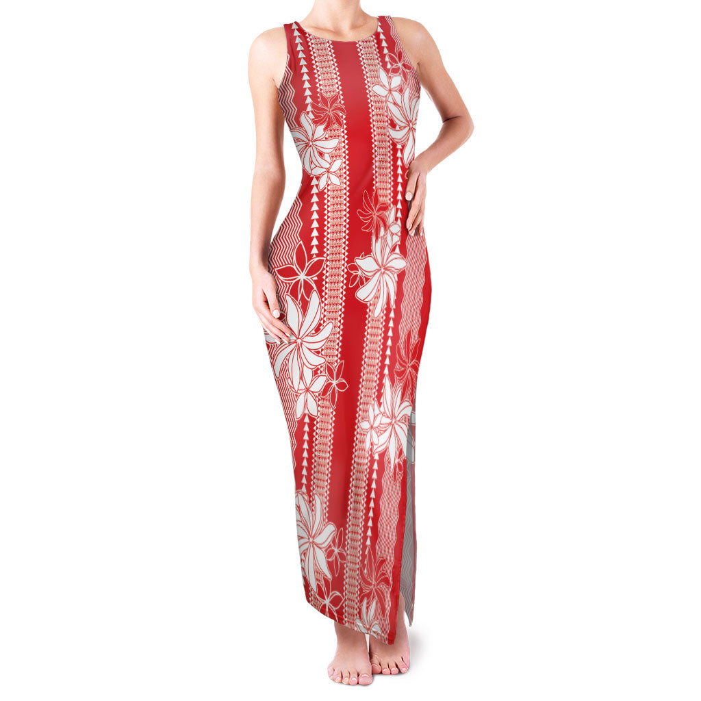 Hawaii Kakau Tribal Family Matching Tank Maxi Dress and Hawaiian Shirt With Red Tiare LT05 Mom's Dress Red - Polynesian Pride