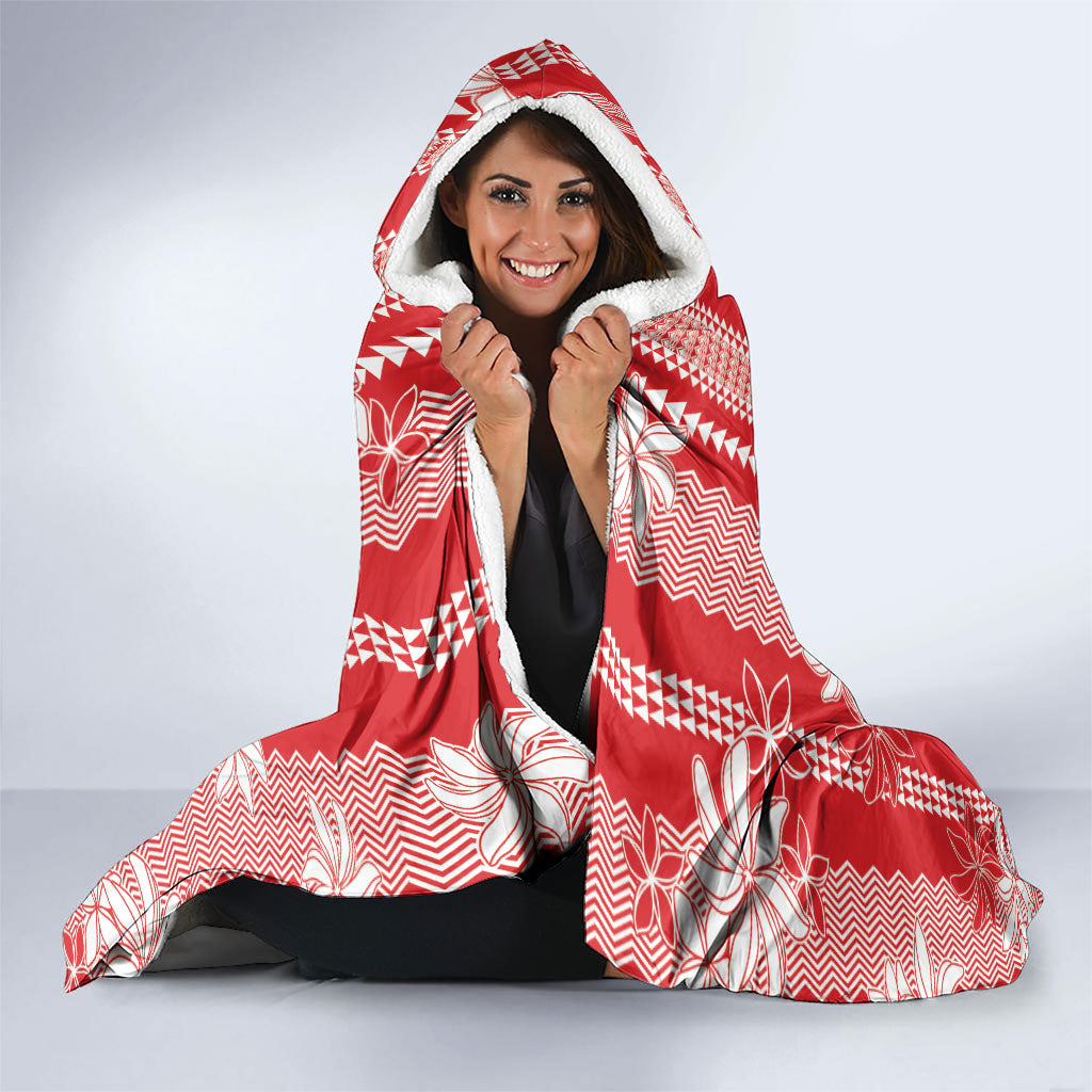 Hawaii Kakau Tribal Hooded Blanket With Red Tiare