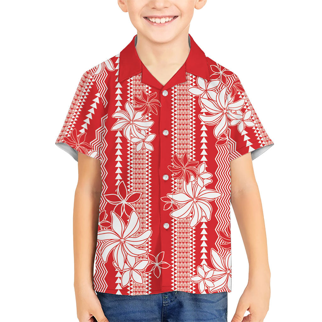 Hawaii Kakau Tribal Kid Hawaiian Shirt With Red Tiare