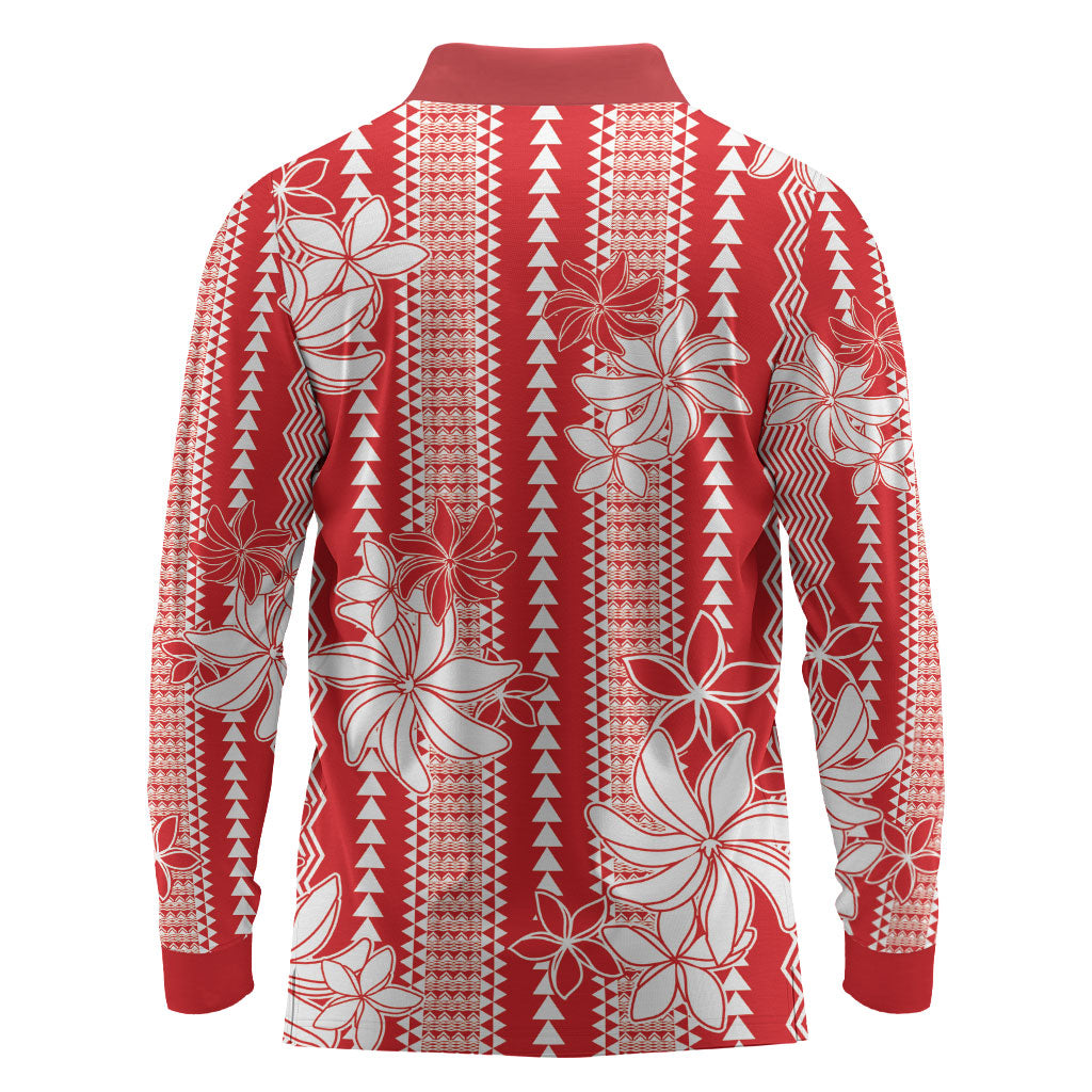 Hawaii Kakau Tribal Long Sleeve Polo Shirt With Red Tiare