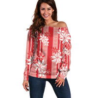 Hawaii Kakau Tribal Off Shoulder Sweater With Red Tiare