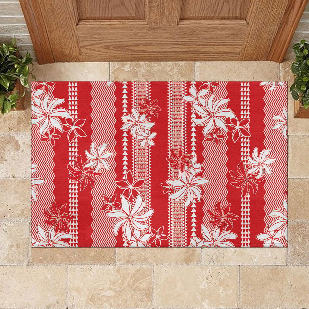 Hawaii Kakau Tribal Rubber Doormat With Red Tiare
