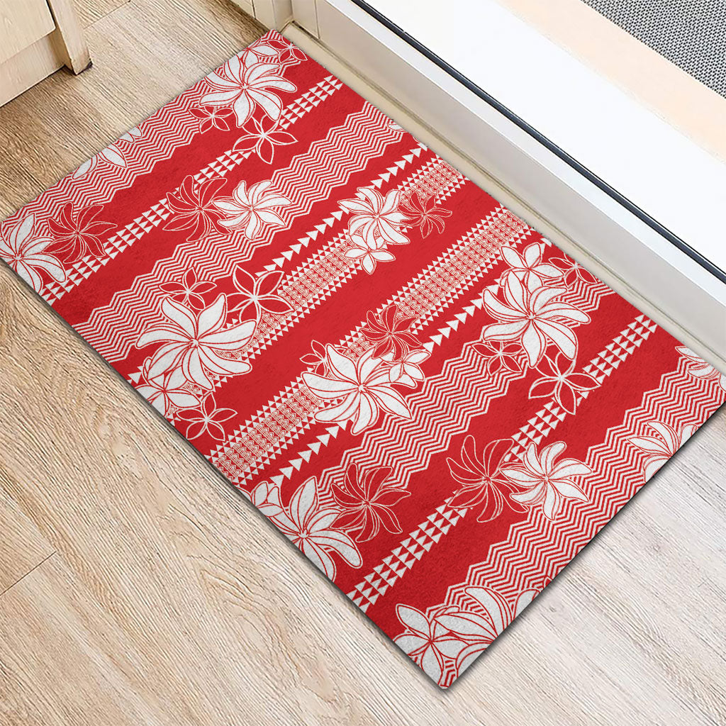 Hawaii Kakau Tribal Rubber Doormat With Red Tiare