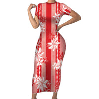 Hawaii Kakau Tribal Short Sleeve Bodycon Dress With Red Tiare