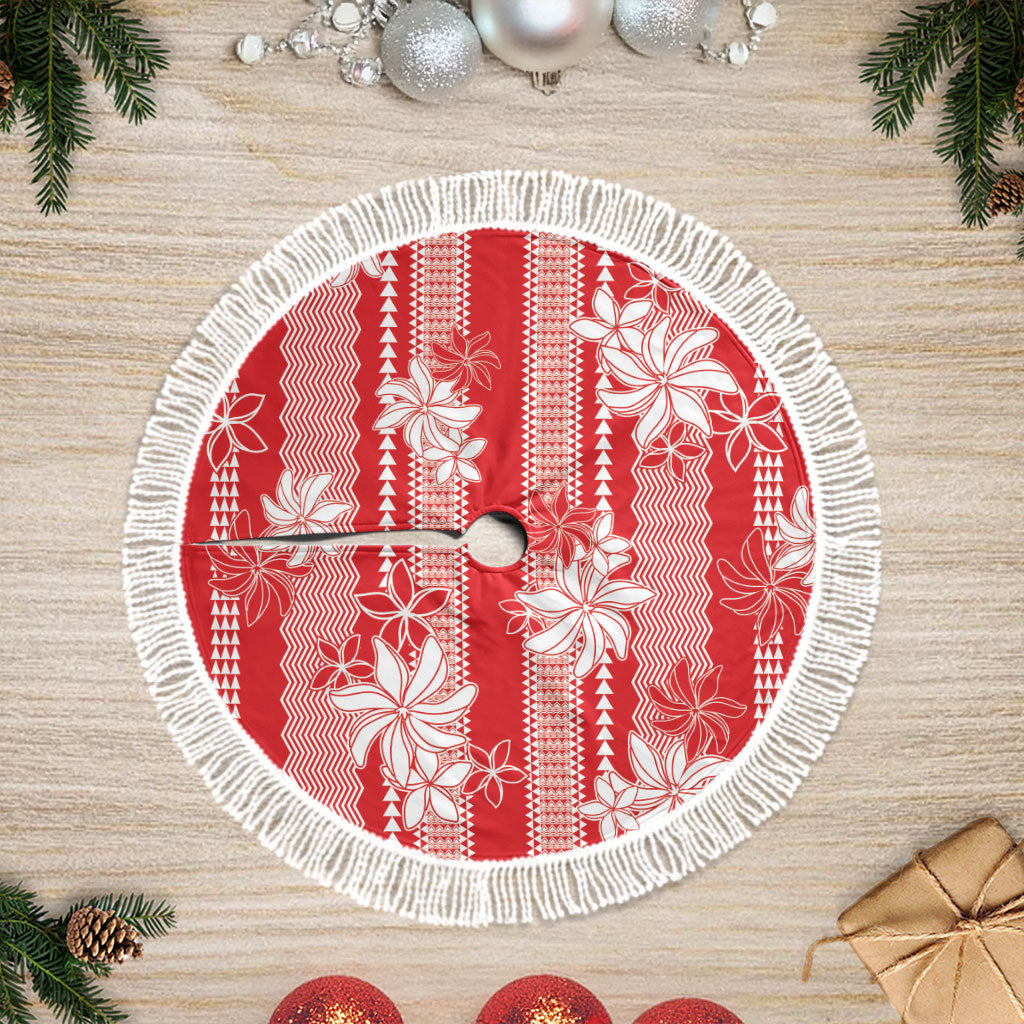 Hawaii Kakau Tribal Tree Skirt With Red Tiare LT05 Fringed Red - Polynesian Pride
