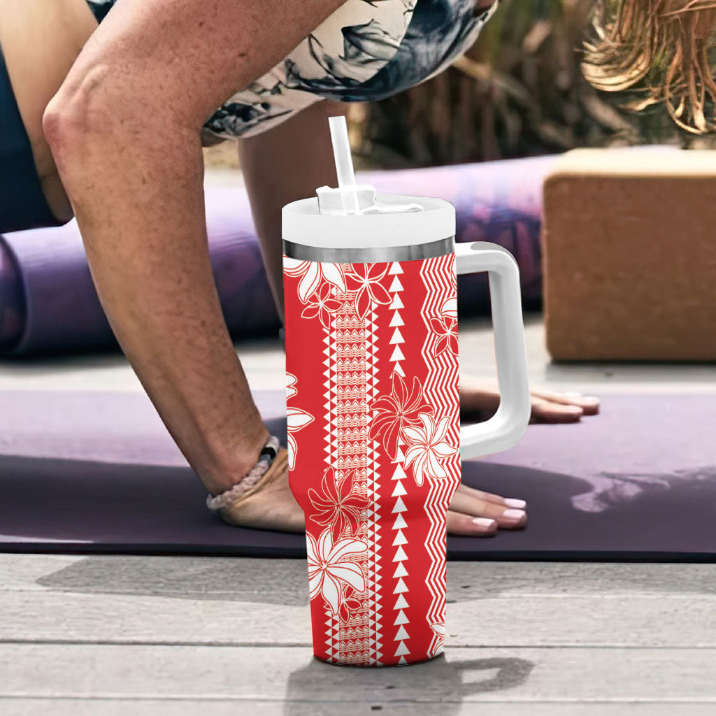 Hawaii Kakau Tribal Tumbler With Handle With Red Tiare