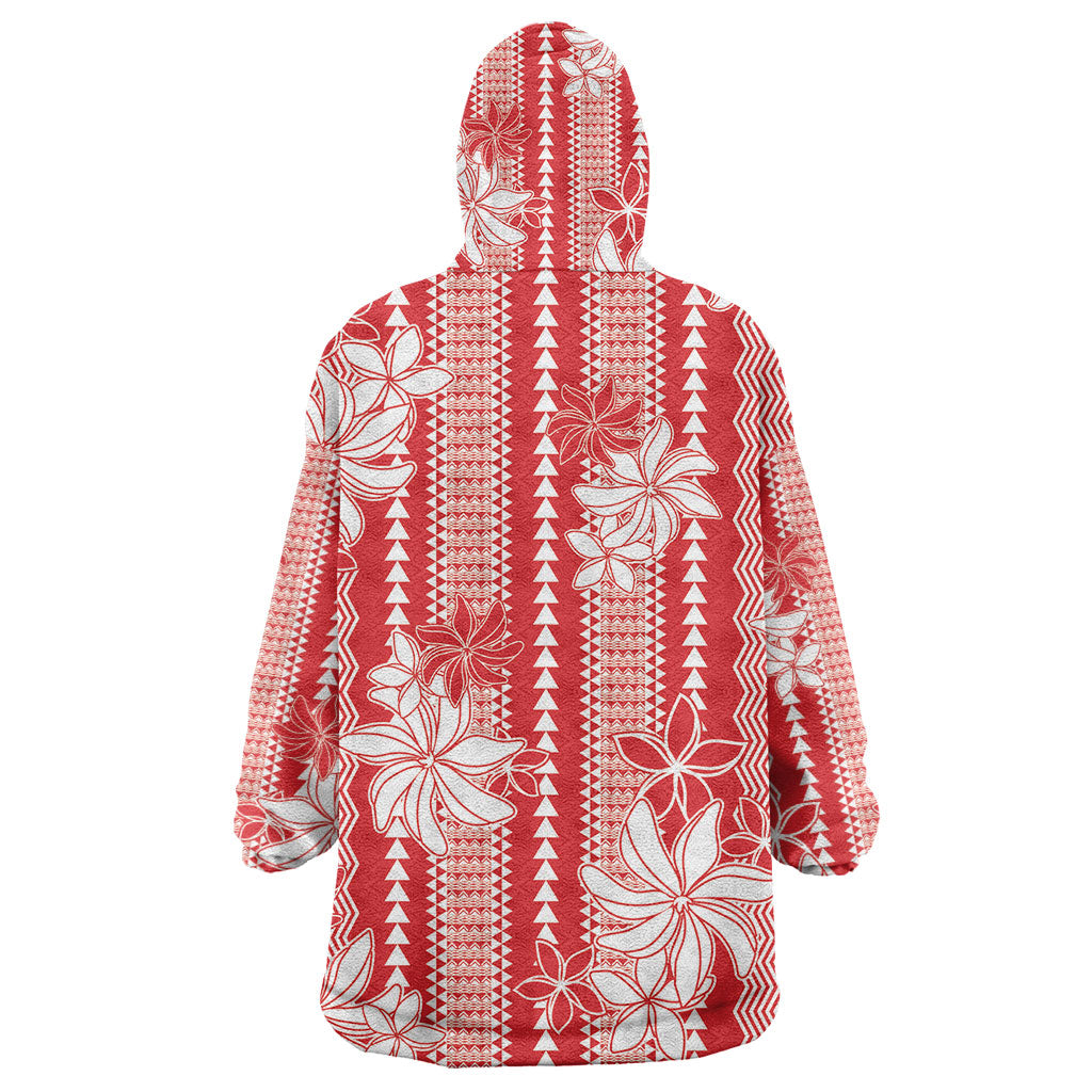 Hawaii Kakau Tribal Wearable Blanket Hoodie With Red Tiare LT05 - Polynesian Pride