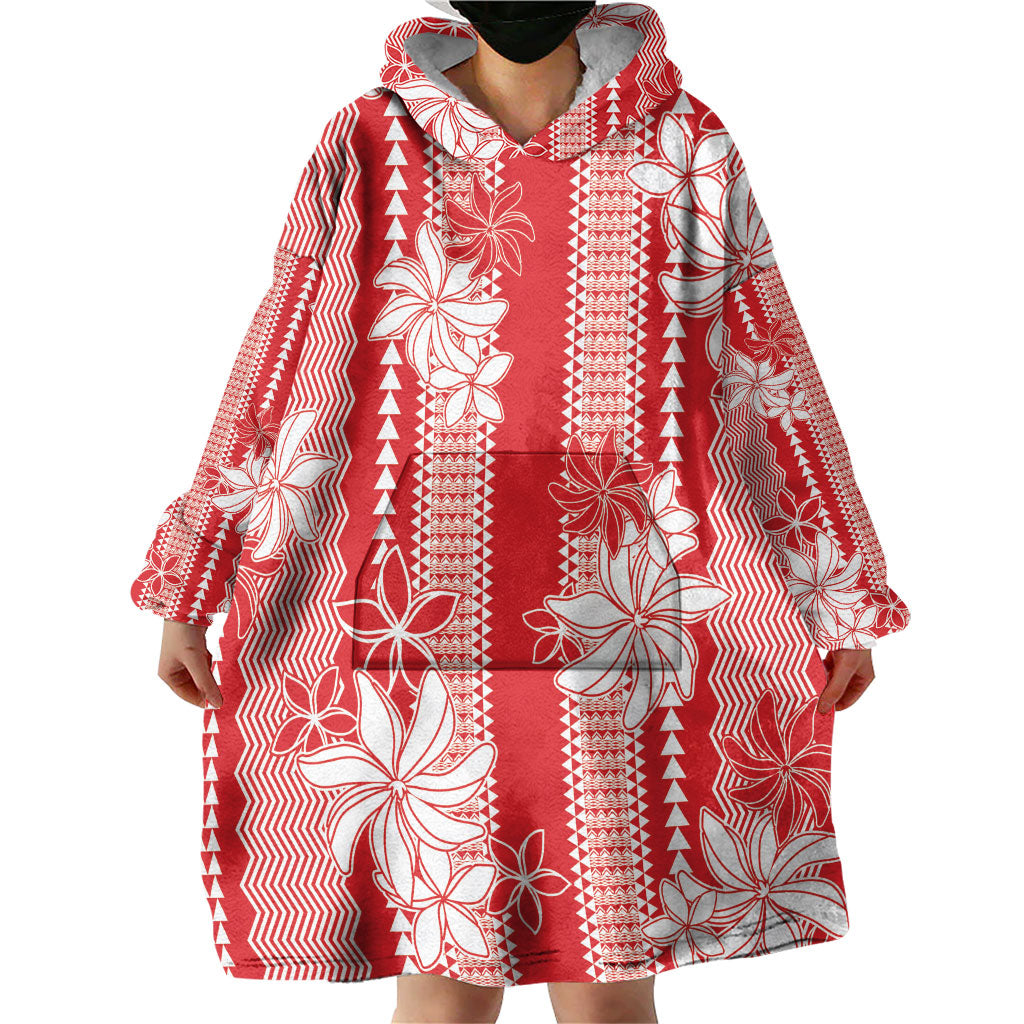 Hawaii Kakau Tribal Wearable Blanket Hoodie With Red Tiare LT05 - Polynesian Pride