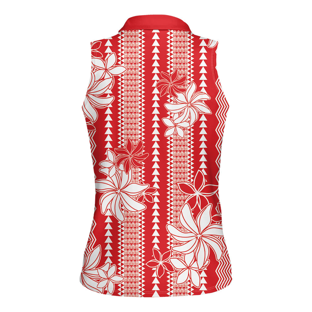 Hawaii Kakau Tribal Women Sleeveless Polo Shirt With Red Tiare