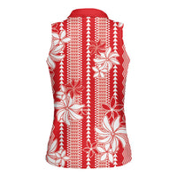 Hawaii Kakau Tribal Women Sleeveless Polo Shirt With Red Tiare