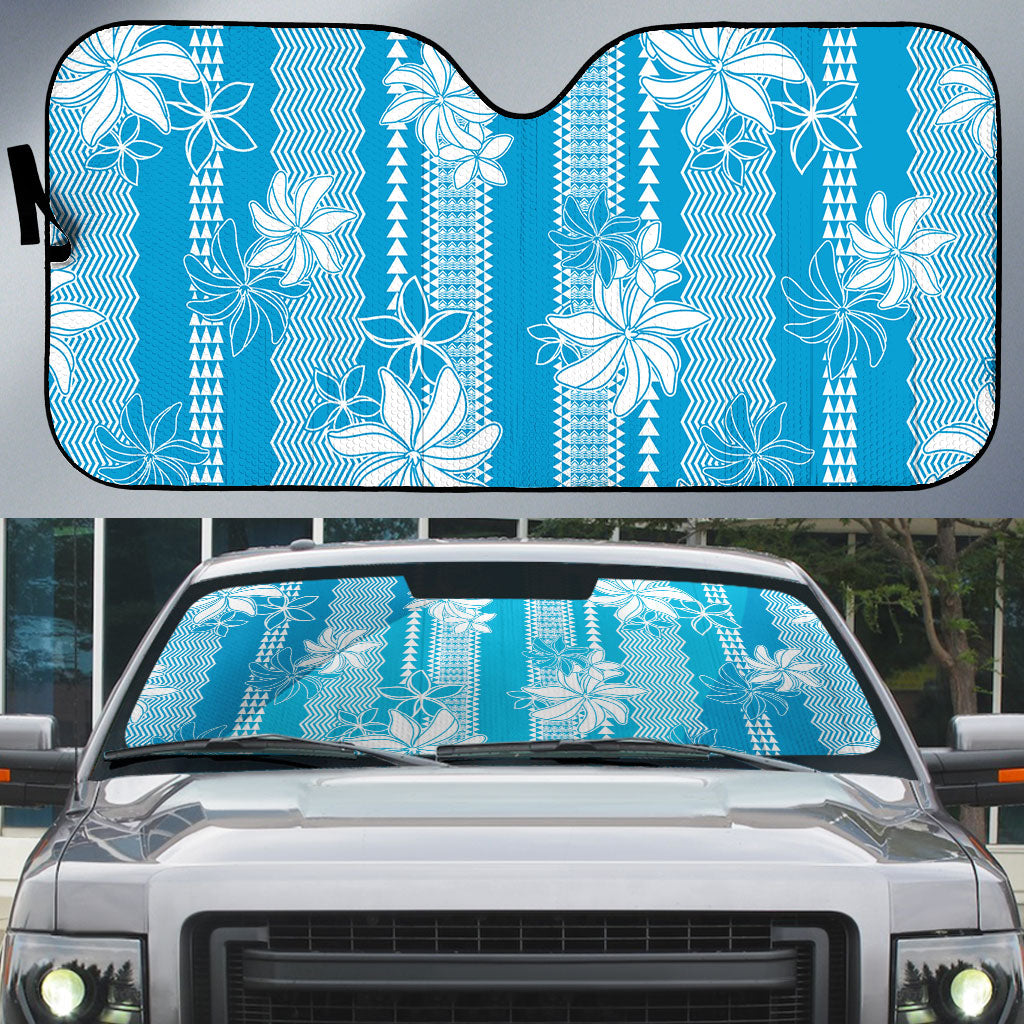 Hawaii Kakau Tribal Auto Sun Shade With Blue Tiare