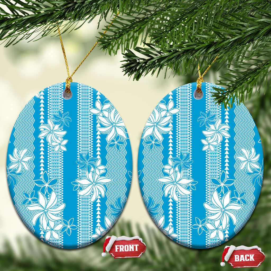 Hawaii Kakau Tribal Ceramic Ornament With Blue Tiare LT05 Oval Blue - Polynesian Pride
