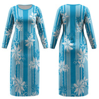 Hawaii Kakau Tribal Couples Matching Long Sleeve Bodycon Dress and Hawaiian Shirt With Blue Tiare LT05 - Polynesian Pride