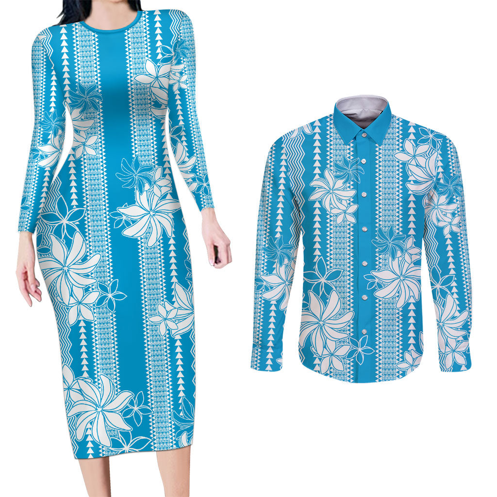 Hawaii Kakau Tribal Couples Matching Long Sleeve Bodycon Dress and Long Sleeve Button Shirt With Blue Tiare