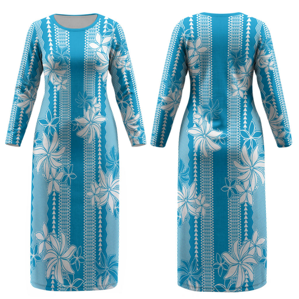 Hawaii Kakau Tribal Couples Matching Long Sleeve Bodycon Dress and Long Sleeve Button Shirt With Blue Tiare LT05 - Polynesian Pride