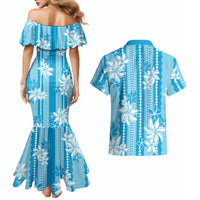 Hawaii Kakau Tribal Couples Matching Mermaid Dress and Hawaiian Shirt With Blue Tiare