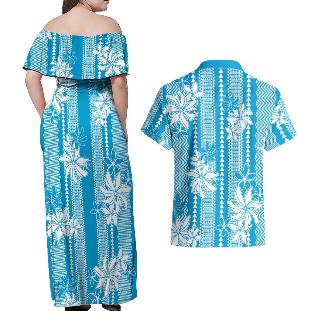 Hawaii Kakau Tribal Couples Matching Off Shoulder Maxi Dress and Hawaiian Shirt With Blue Tiare