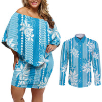 Hawaii Kakau Tribal Couples Matching Off Shoulder Short Dress and Long Sleeve Button Shirt With Blue Tiare