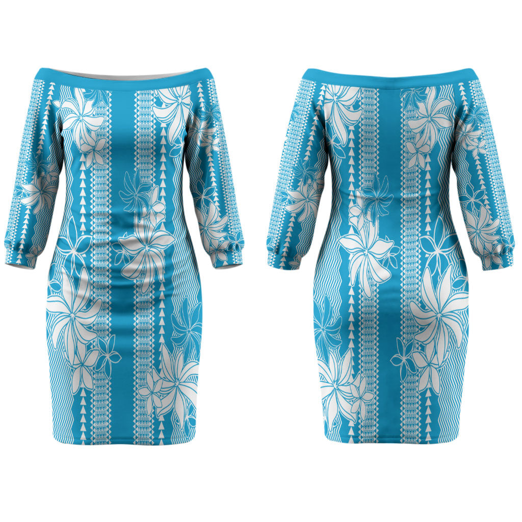 Hawaii Kakau Tribal Couples Matching Off The Shoulder Long Sleeve Dress and Hawaiian Shirt With Blue Tiare LT05 - Polynesian Pride