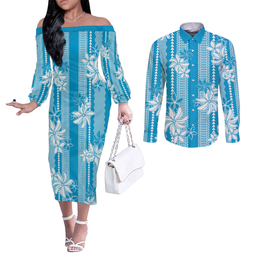 Hawaii Kakau Tribal Couples Matching Off The Shoulder Long Sleeve Dress and Long Sleeve Button Shirt With Blue Tiare LT05 Blue - Polynesian Pride