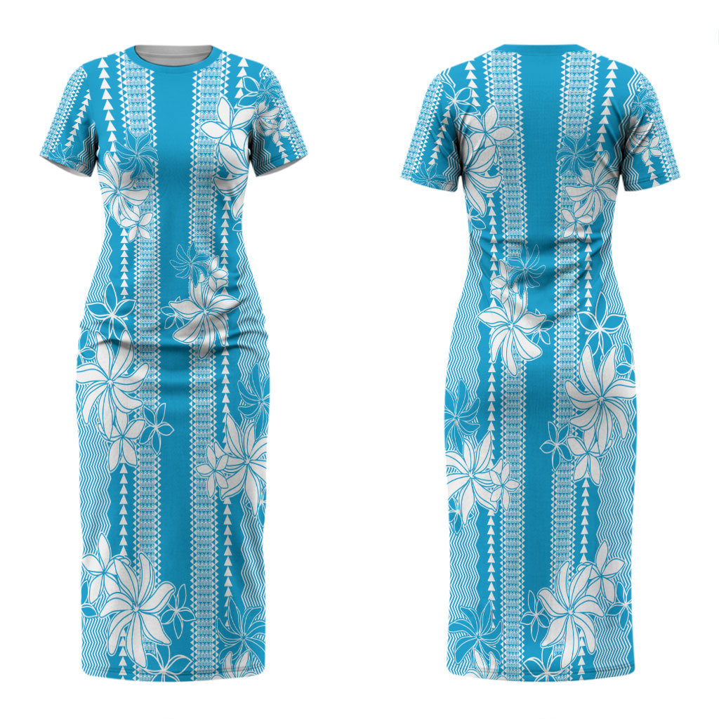 Hawaii Kakau Tribal Couples Matching Short Sleeve Bodycon Dress and Hawaiian Shirt With Blue Tiare LT05 - Polynesian Pride