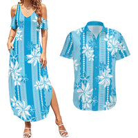 Hawaii Kakau Tribal Couples Matching Summer Maxi Dress and Hawaiian Shirt With Blue Tiare