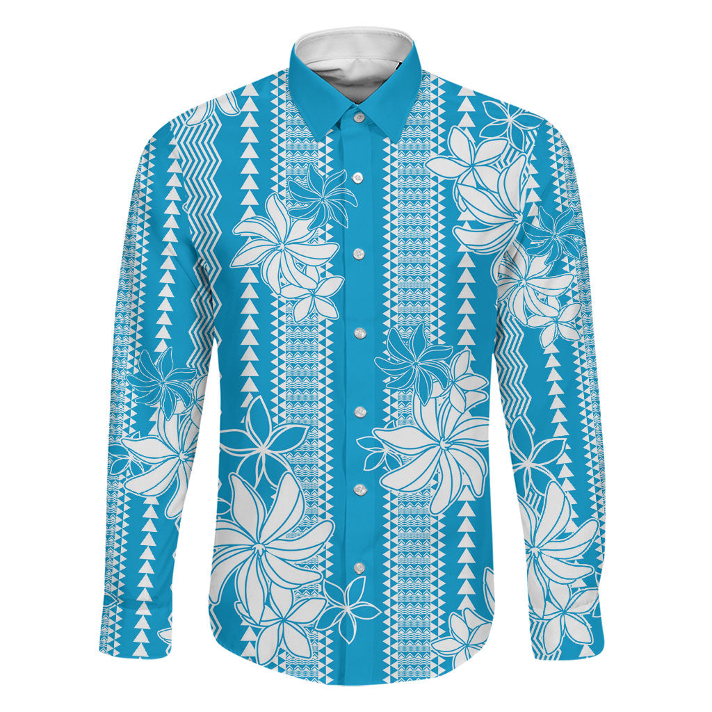 Hawaii Kakau Tribal Family Matching Mermaid Dress and Hawaiian Shirt With Blue Tiare LT05 Dad's Shirt - Long Sleeve Blue - Polynesian Pride
