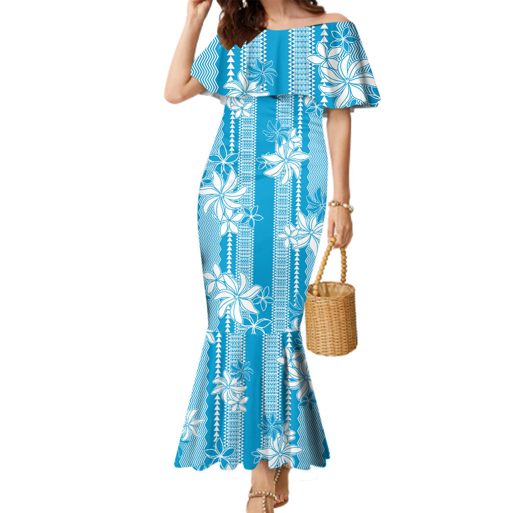Hawaii Kakau Tribal Family Matching Mermaid Dress and Hawaiian Shirt With Blue Tiare LT05 Mom's Dress Blue - Polynesian Pride