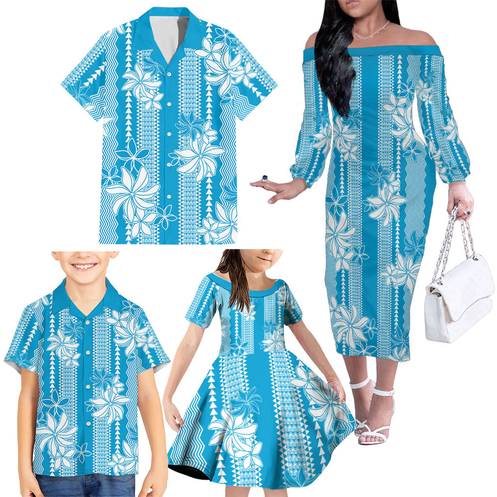 Hawaii Kakau Tribal Family Matching Off The Shoulder Long Sleeve Dress and Hawaiian Shirt With Blue Tiare LT05 - Polynesian Pride