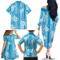 Hawaii Kakau Tribal Family Matching Off The Shoulder Long Sleeve Dress and Hawaiian Shirt With Blue Tiare LT05 - Polynesian Pride