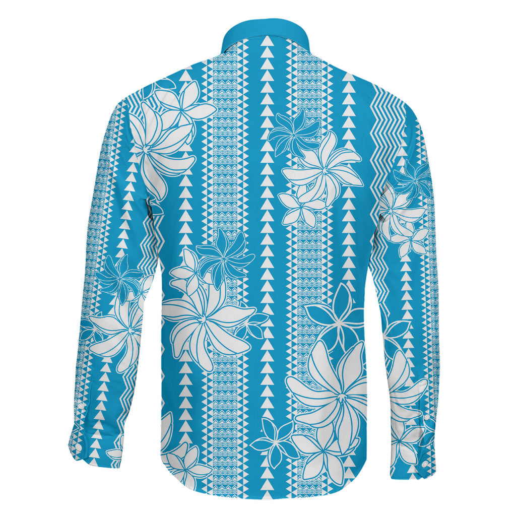 Hawaii Kakau Tribal Family Matching Off The Shoulder Long Sleeve Dress and Hawaiian Shirt With Blue Tiare LT05 - Polynesian Pride