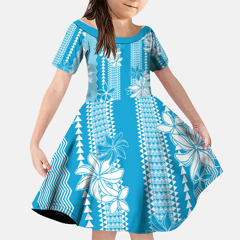 Hawaii Kakau Tribal Family Matching Off Shoulder Maxi Dress and Hawaiian Shirt With Blue Tiare LT05 Daughter's Dress Blue - Polynesian Pride