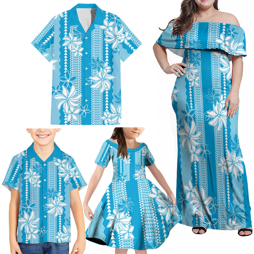 Hawaii Kakau Tribal Family Matching Off Shoulder Maxi Dress and Hawaiian Shirt With Blue Tiare LT05 - Polynesian Pride