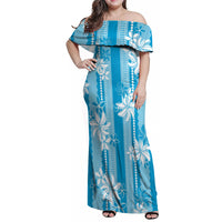 Hawaii Kakau Tribal Family Matching Off Shoulder Maxi Dress and Hawaiian Shirt With Blue Tiare LT05 Mom's Dress Blue - Polynesian Pride