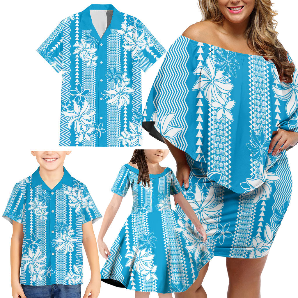 Hawaii Kakau Tribal Family Matching Off Shoulder Short Dress and Hawaiian Shirt With Blue Tiare LT05 - Polynesian Pride