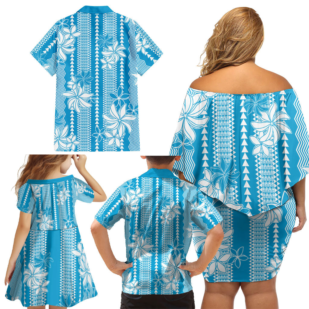 Hawaii Kakau Tribal Family Matching Off Shoulder Short Dress and Hawaiian Shirt With Blue Tiare LT05 - Polynesian Pride