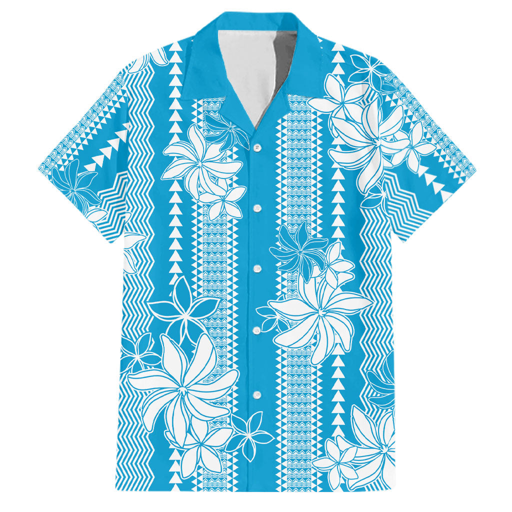 Hawaii Kakau Tribal Family Matching Off Shoulder Short Dress and Hawaiian Shirt With Blue Tiare LT05 Dad's Shirt - Short Sleeve Blue - Polynesian Pride