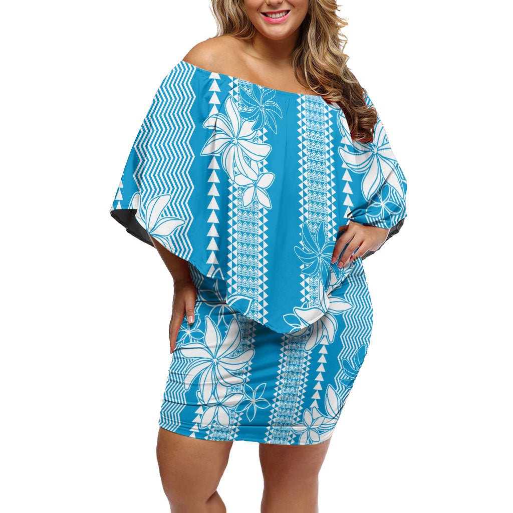 Hawaii Kakau Tribal Family Matching Off Shoulder Short Dress and Hawaiian Shirt With Blue Tiare LT05 Mom's Dress Blue - Polynesian Pride
