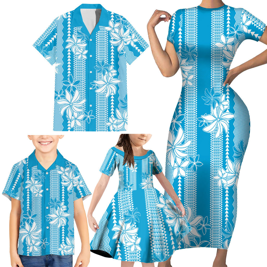 Hawaii Kakau Tribal Family Matching Short Sleeve Bodycon Dress and Hawaiian Shirt With Blue Tiare LT05 - Polynesian Pride