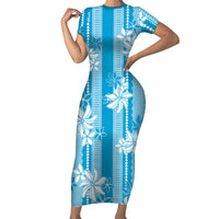 Hawaii Kakau Tribal Family Matching Short Sleeve Bodycon Dress and Hawaiian Shirt With Blue Tiare LT05 Mom's Dress Blue - Polynesian Pride