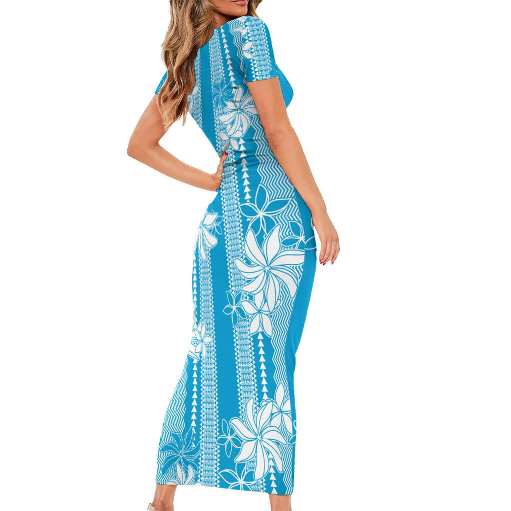 Hawaii Kakau Tribal Family Matching Short Sleeve Bodycon Dress and Hawaiian Shirt With Blue Tiare LT05 - Polynesian Pride