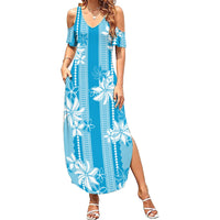 Hawaii Kakau Tribal Family Matching Summer Maxi Dress and Hawaiian Shirt With Blue Tiare LT05 Mom's Dress Blue - Polynesian Pride